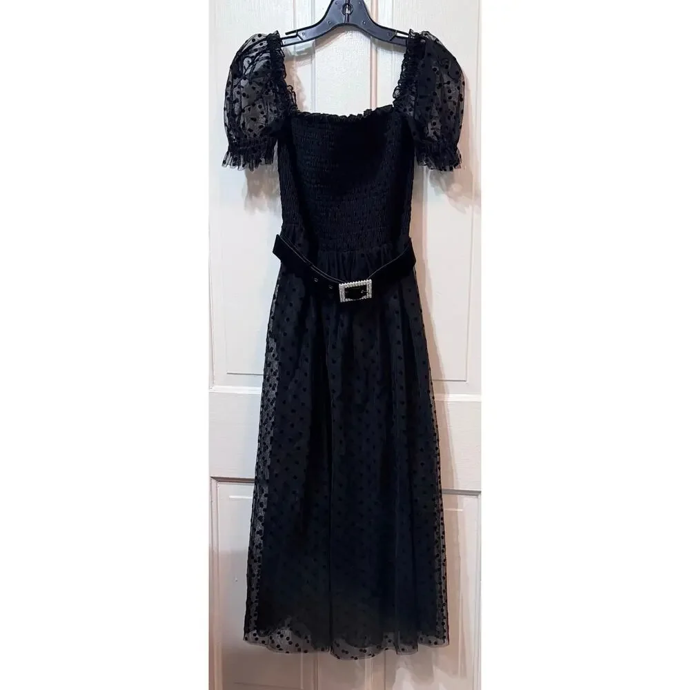NWT Rebecca Vallance Black Sheer Tulle Belted Bodysuit Midi Tiffani Dress Size 8 - Picture 3 of 16